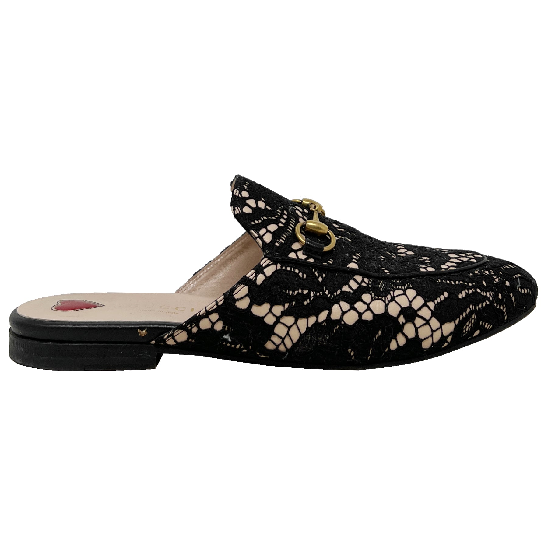 Gucci Princetown Black Lace Overlay Leather Horsebit Loafer Mules
