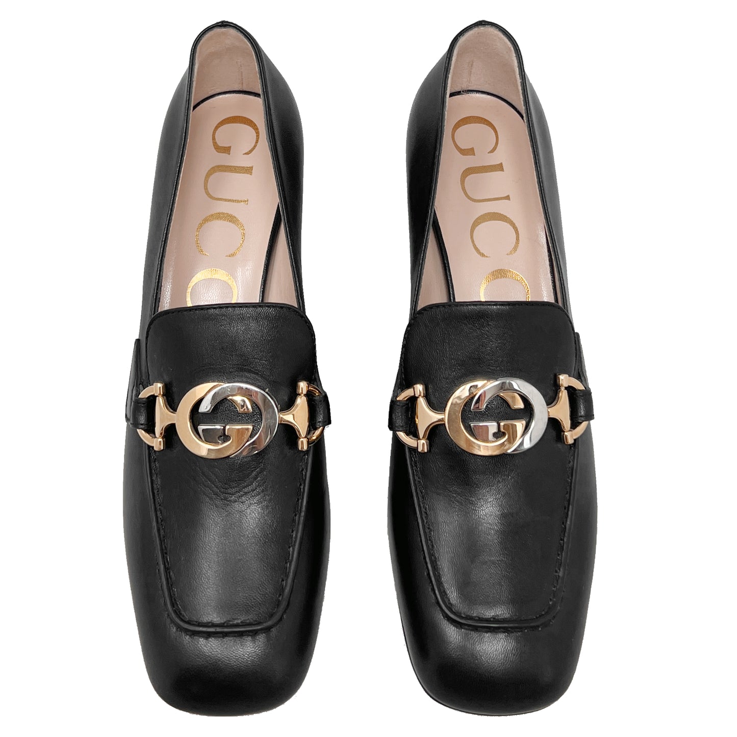 Gucci Shoes Zumi GG Gold Silver Logo Black Leather Square Toe Mid Heel Loafers Pumps