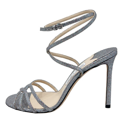 Jimmy Choo Mimi Silver Glitter Iridescent Strappy Caged High Heels Sandals