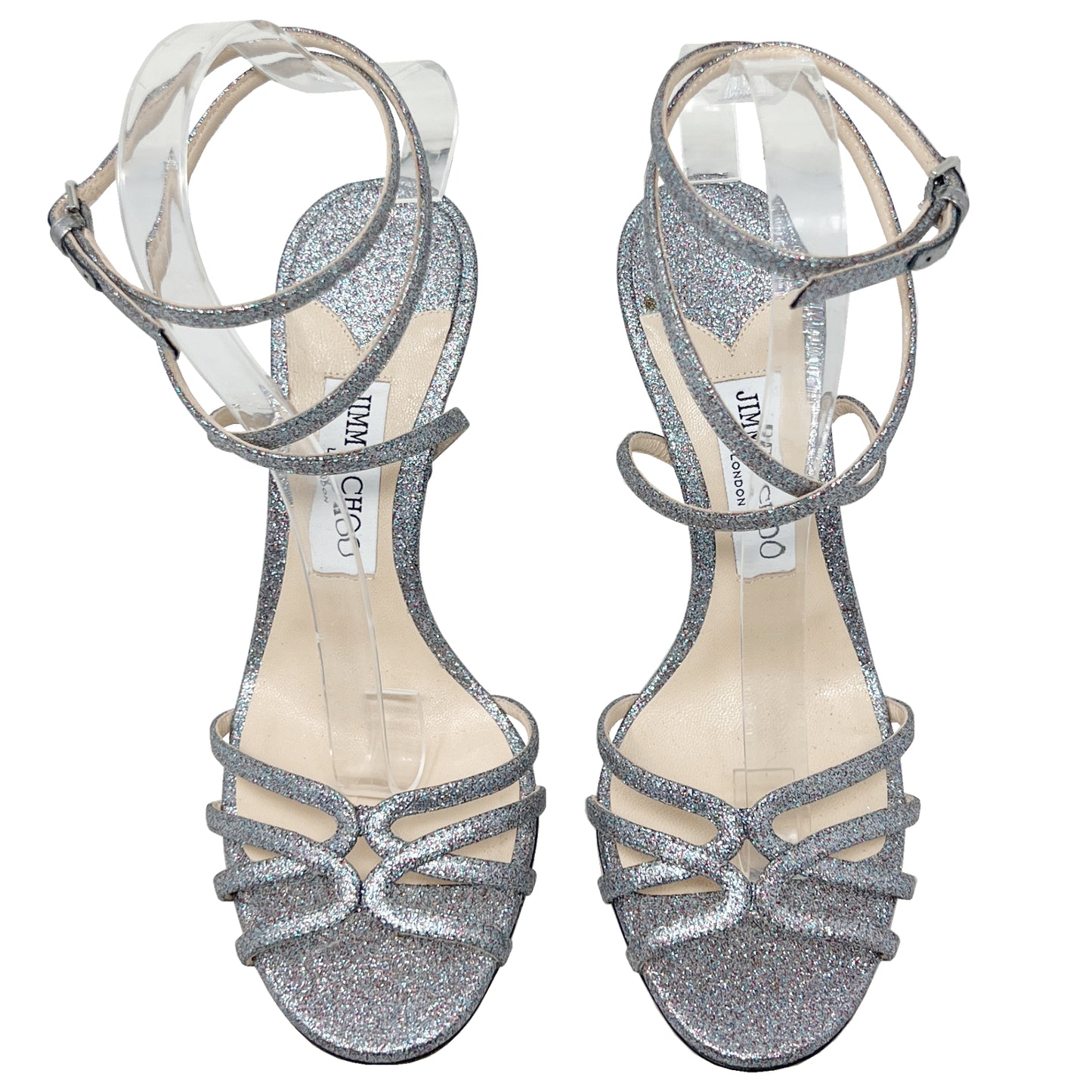Jimmy Choo Mimi Silver Glitter Iridescent Strappy Caged High Heels Sandals