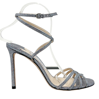 Jimmy Choo Mimi Silver Glitter Iridescent Strappy Caged High Heels Sandals