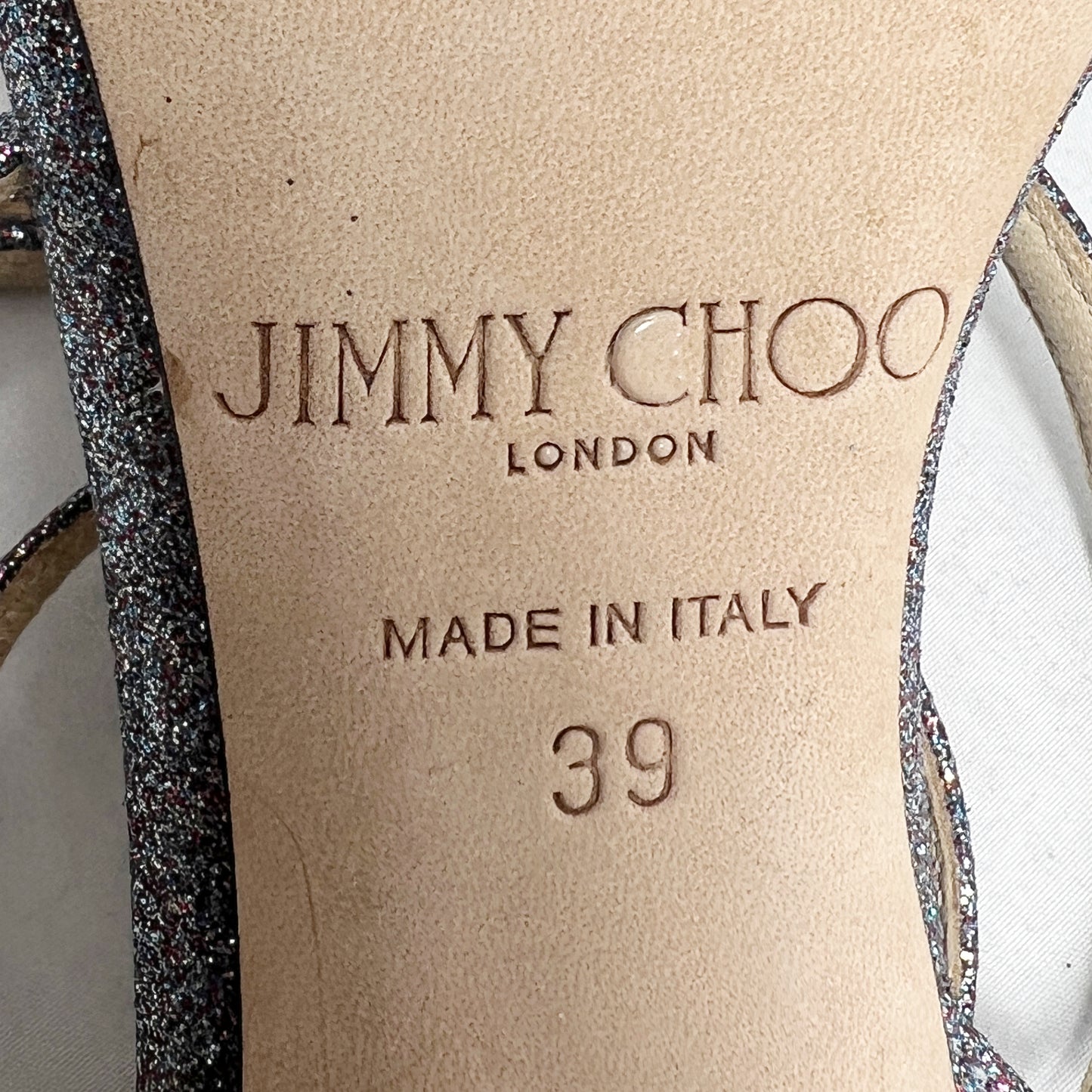 Jimmy Choo Mimi Silver Glitter Iridescent Strappy Sandals Size EU 39