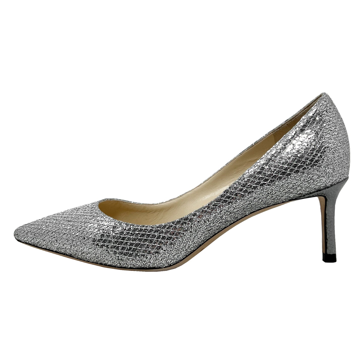 Jimmy Choo Romy 60 Silver Glitter Low Heel Pumps Size EU 38.5