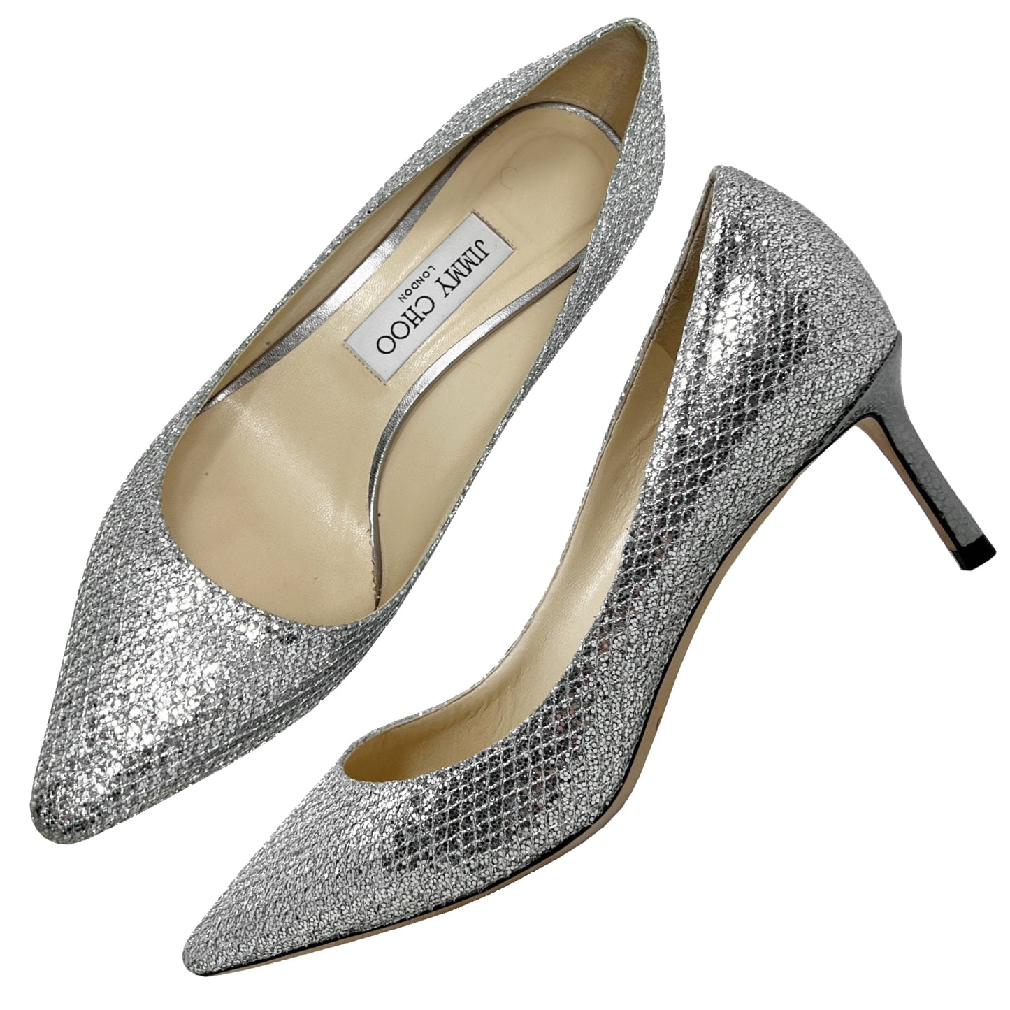 Jimmy Choo Romy 60 Silver Glitter Low Heel Pumps Size EU 38.5