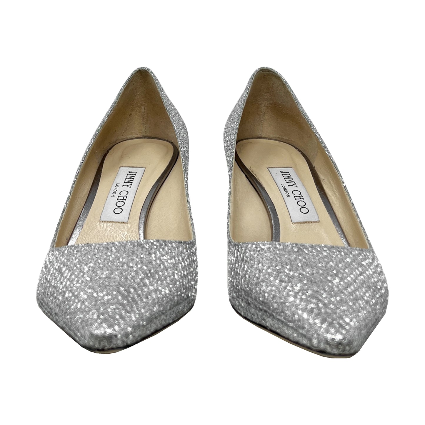 Jimmy Choo Romy 60 Silver Glitter Low Heel Pumps Size EU 38.5