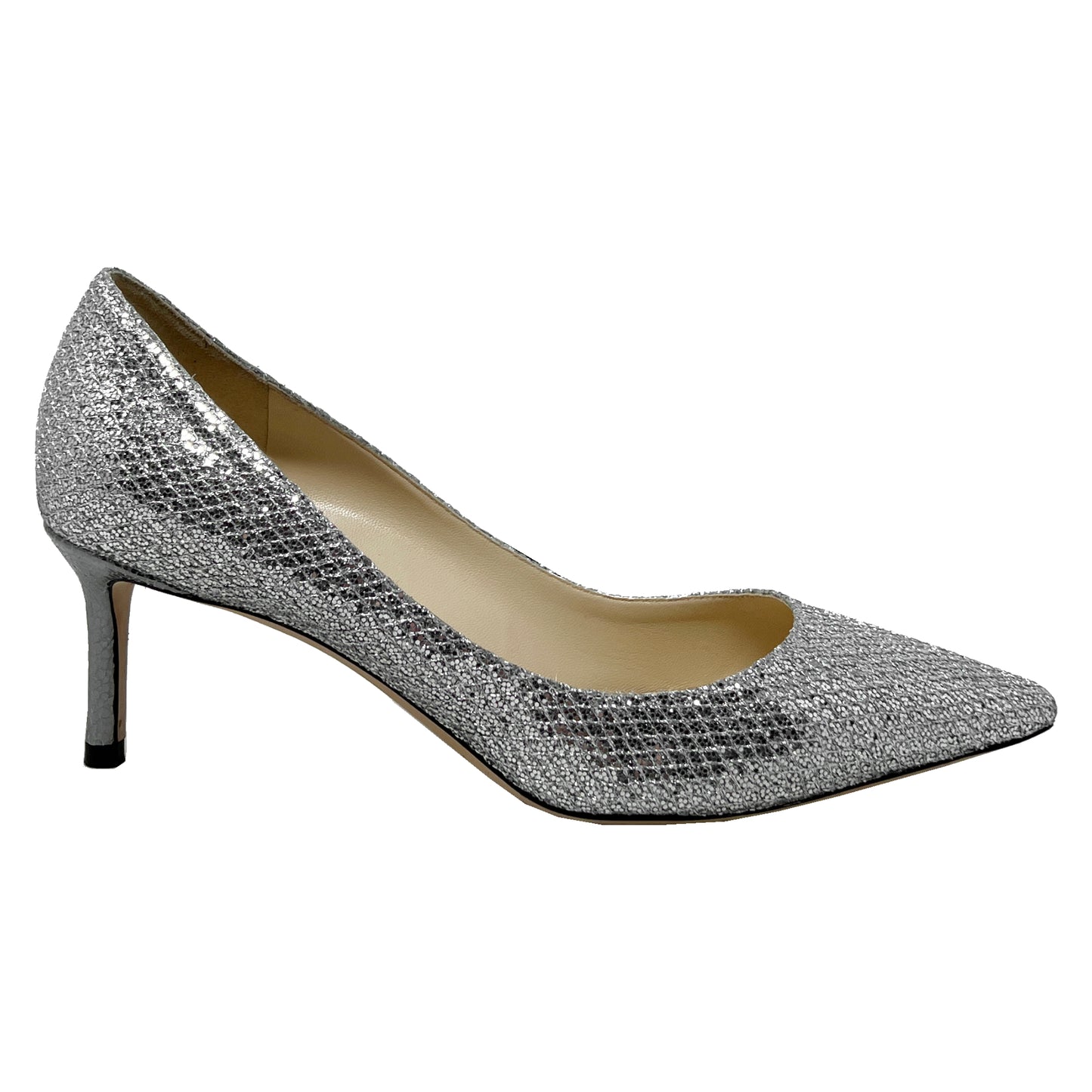 Jimmy Choo Romy 60 Silver Glitter Low Heel Pumps Size EU 38.5