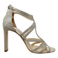 Jimmy Choo Selina Gold Metallic Glitter Champagne Caged Strappy High Heel Sandals
