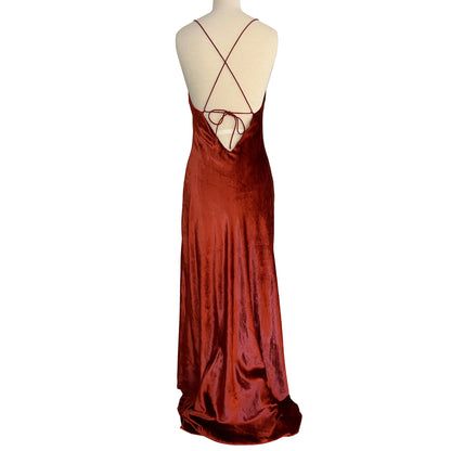 Mestiza New York Mara Red Orange Rust Colored Slip Open Back Cross Strap Gown Maxi Dress