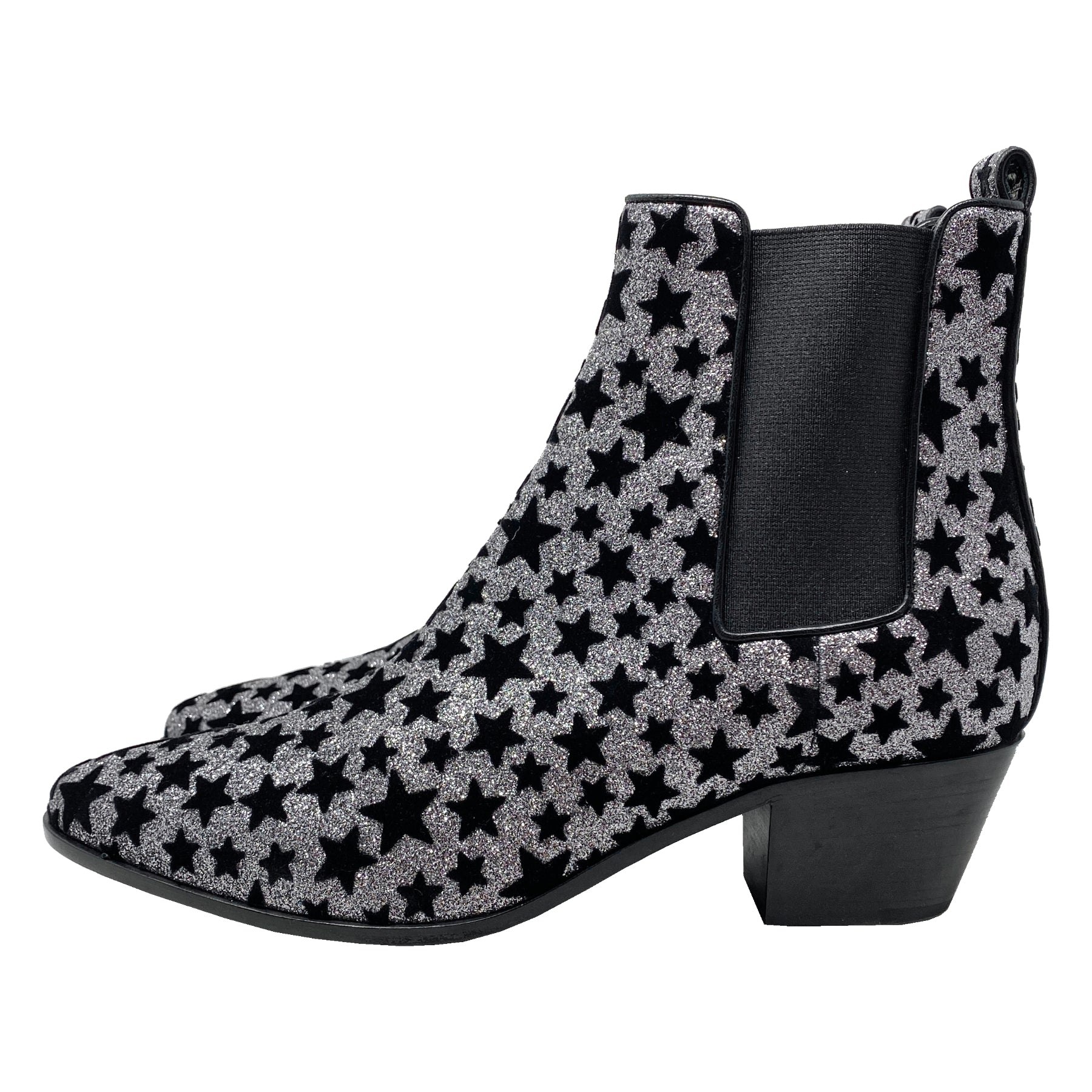 Saint Laurent Black Velvet and Silver Chelsea Rock Star 40 Glitter Ankle Boots