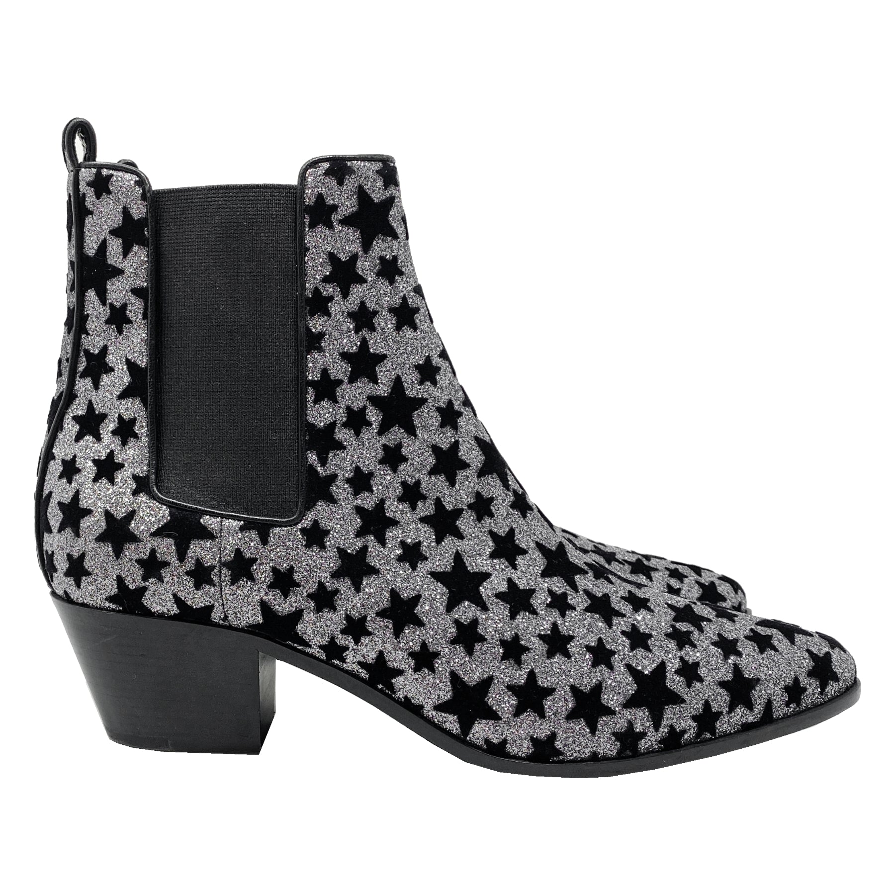 Saint Laurent Black Velvet and Silver Chelsea Rock Star 40 Glitter Ankle Boots