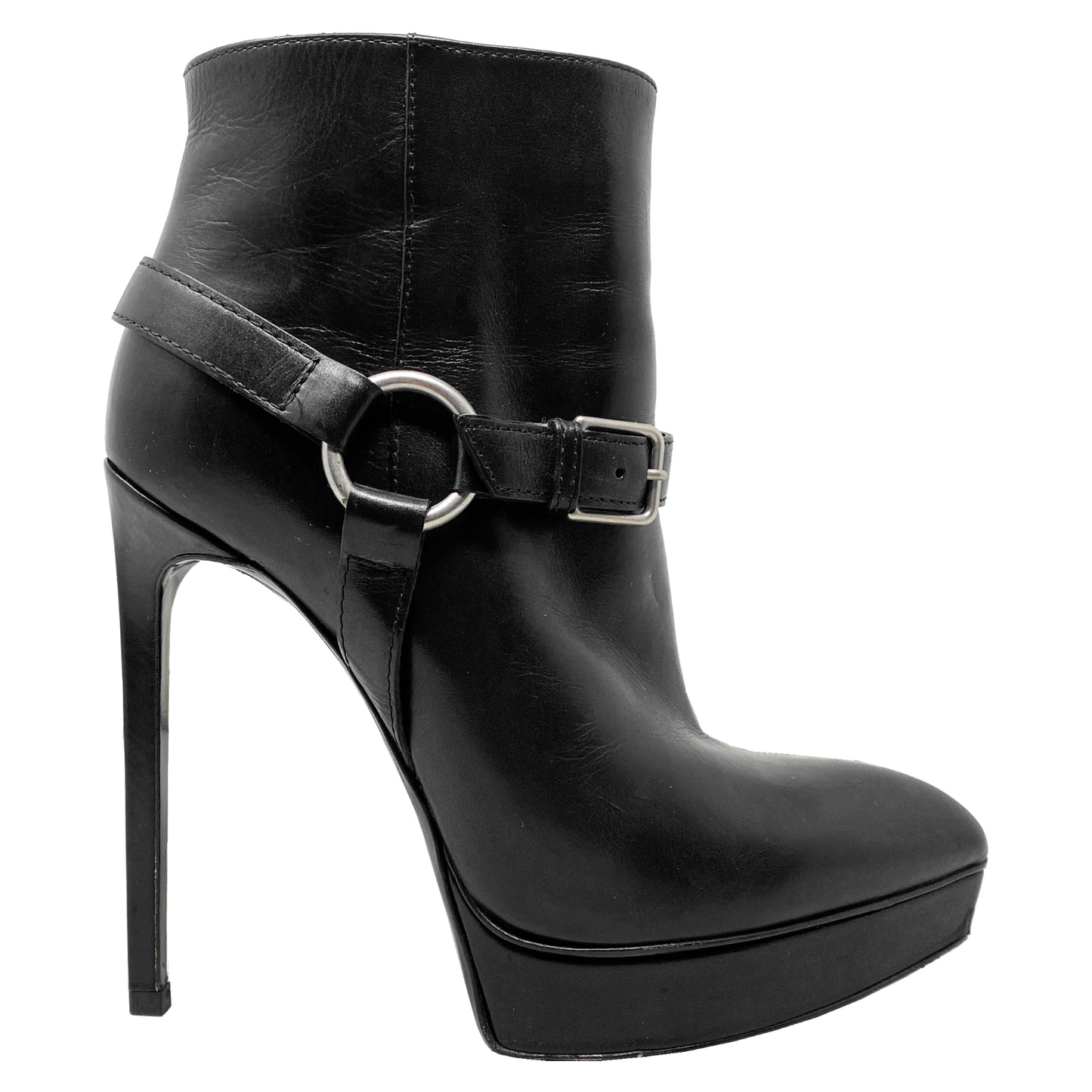 Saint Laurent Janis 120 Black Leather Harness High Heel Ankle Boots