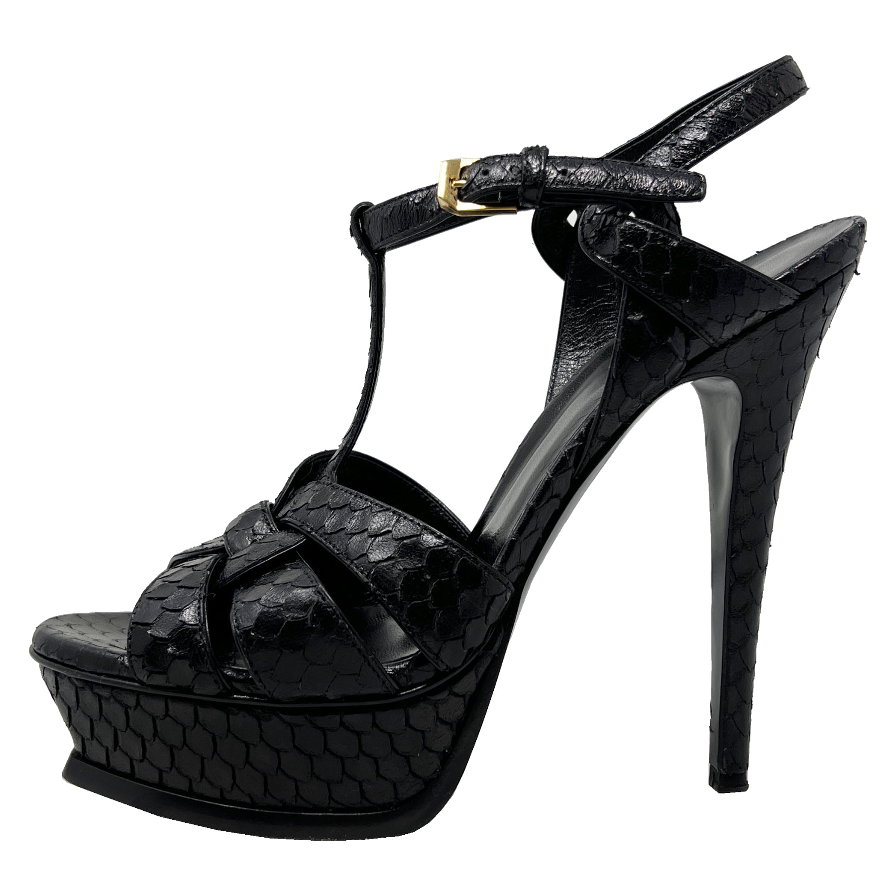 Saint Laurent Tribute 105 Black Embossed Leather Snakeskin Effect Platform Ankle Strap Sandals