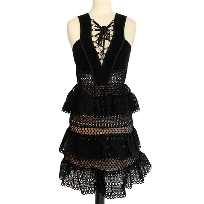 Self-Portrait Black Lace Up Deep V Sleeveless Tiered Lace Mini Dress