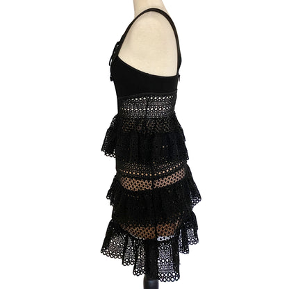 Self-Portrait Black Lace Up Deep V Sleeveless Tiered Lace Mini Dress Size US 2