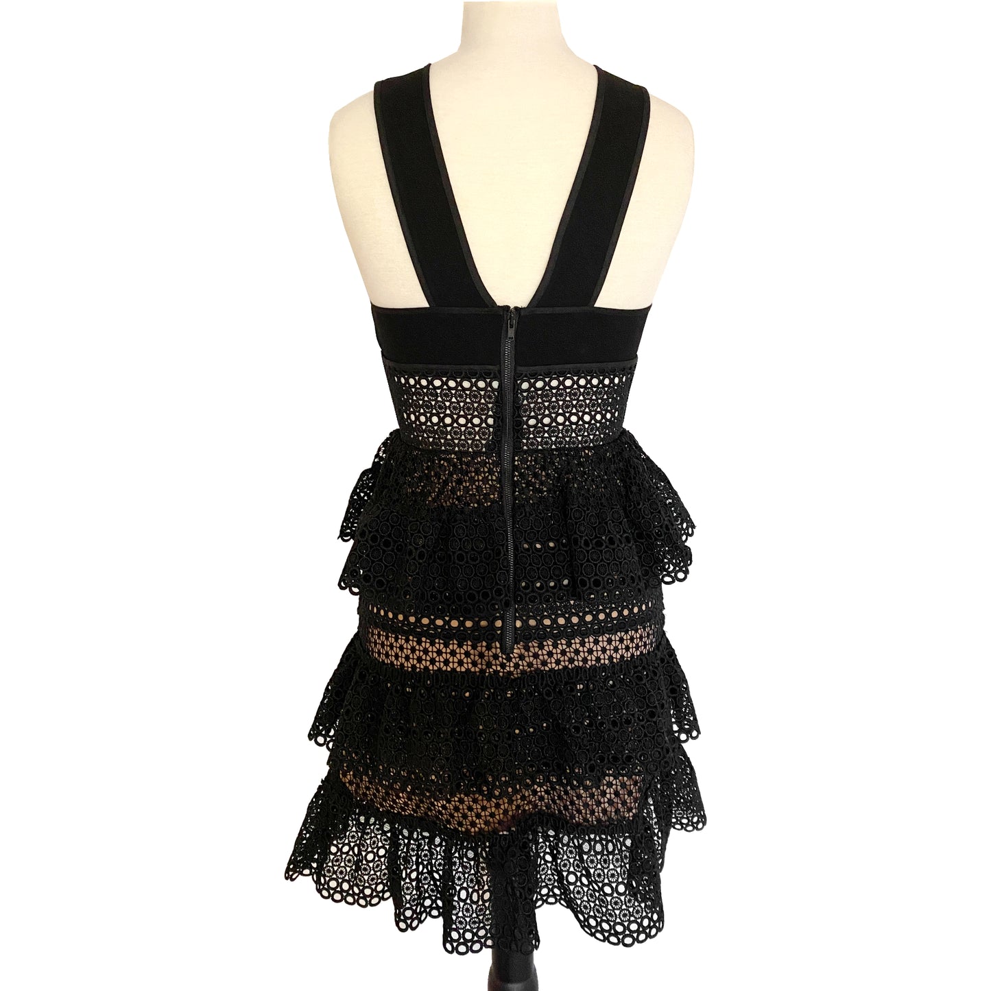 Self-Portrait Black Lace Up Deep V Sleeveless Tiered Lace Mini Dress Size 2