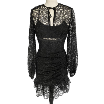 Self Portrait Black Long Bishop Sleeve Circle Floral Lace Mini Dress